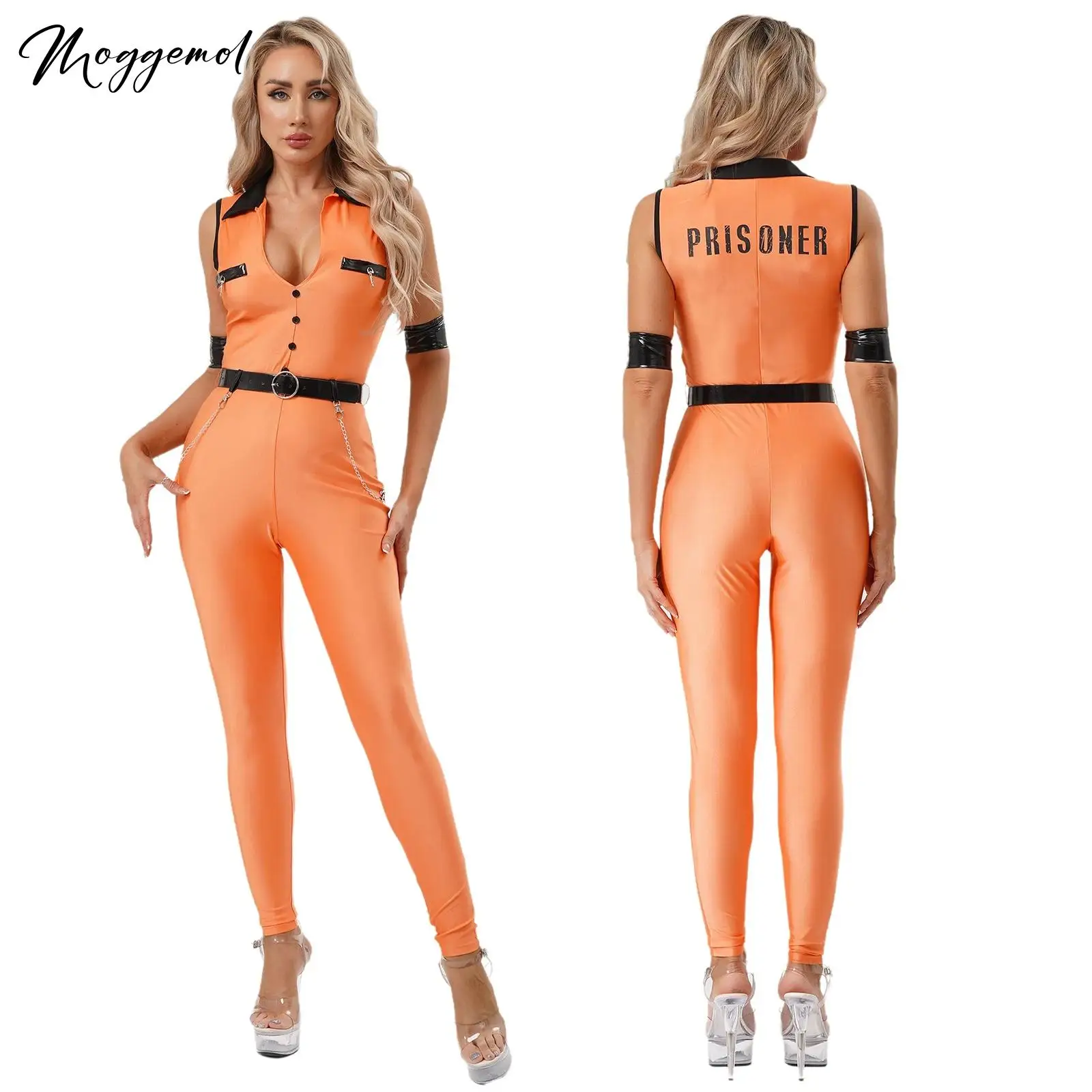 

Женский оранжевый костюм заключенного на Хэллоуин, униформа с глубоким v-образным вырезом, тюремный комбинезон Criminal Convict с регулируемым поясом и манжетами