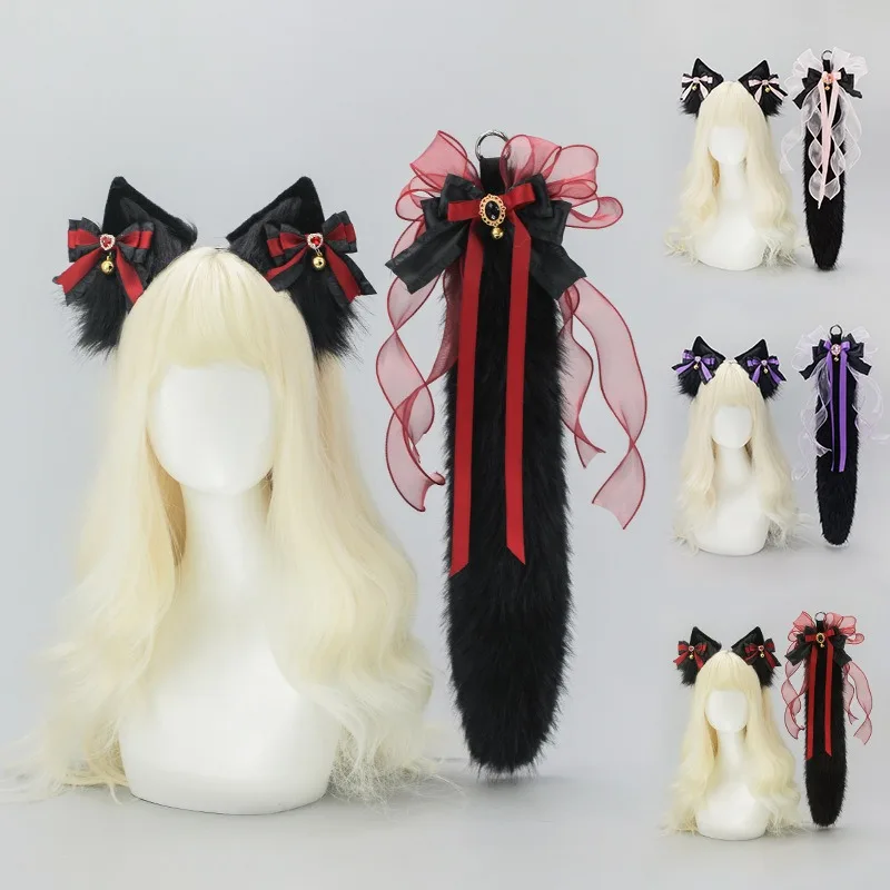 Handmade Cat Ears and Wolf Fox AnimalTailCosplayCostume Fluffy Dark Sexy FoxTail CosplayLolita Anime Halloween Accessoriescos