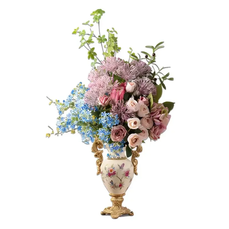 European Style Silk Cloth Iron Wire Plastic Handmade Amphora Vase with Customizable Flower Type for Living Room Decor