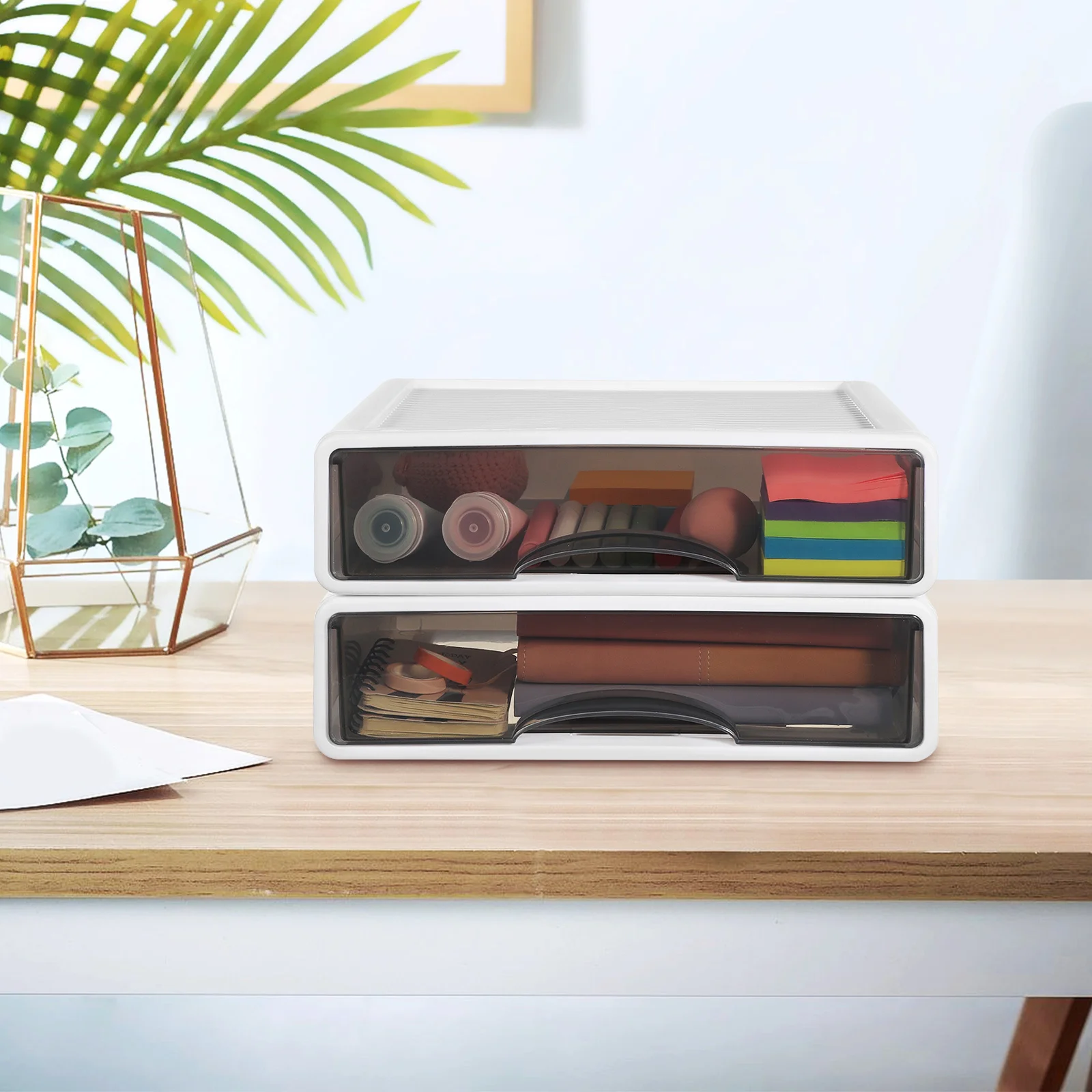 

2Pcs Stackable Desktop Organizer Large Capacity Tabletop Storage Case Durable Plastic Minimalist Design Office Home Use