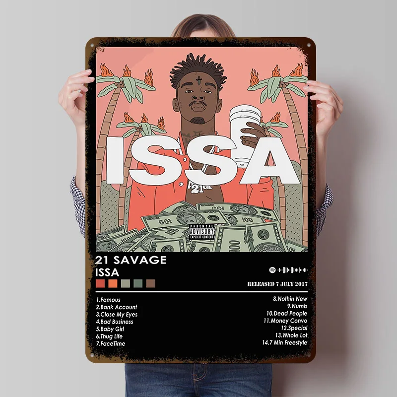 21 Savage Issa Album Poster Customized Vintage Metal Signs Wall Art Retro Tin Plaque for Room Decoration Garage Decorations Home