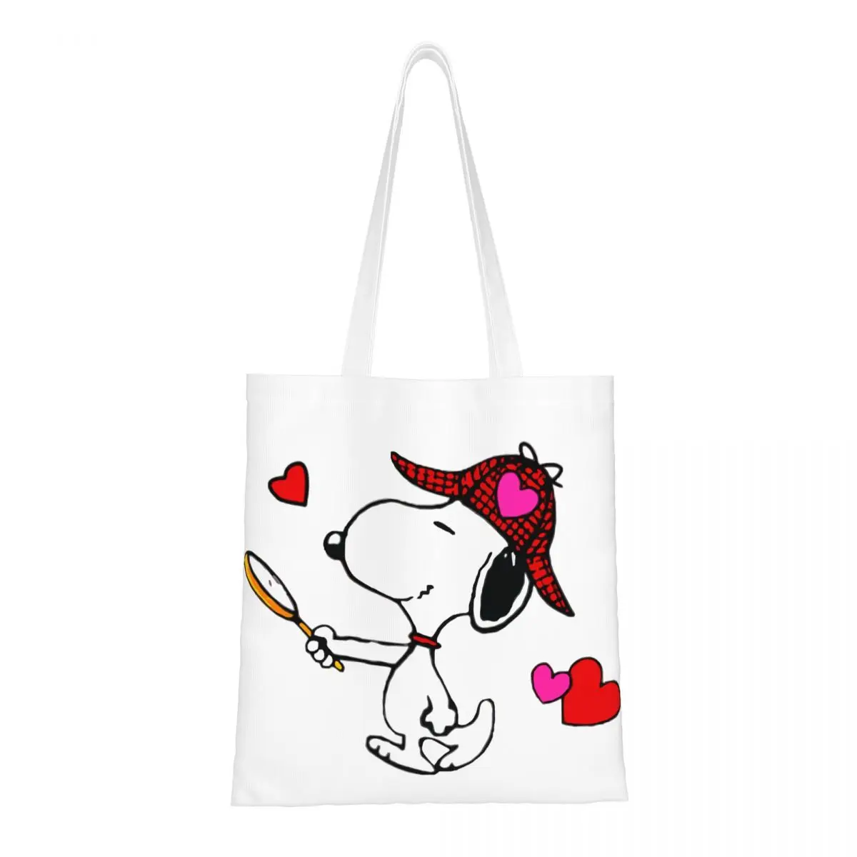 Custom Funny Printed Snoopy Woodstock Cartoon Animated Love Shopping Tote Bag Durable Canvas Shopper Shoulder Handbag