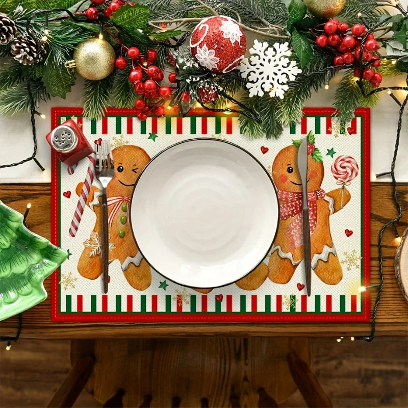 4 Pc Gingerbread Candy Cane ChristmasThemed Placemats Rectangular Table Mats for Home & Party Decor Machine Washable Rectangle