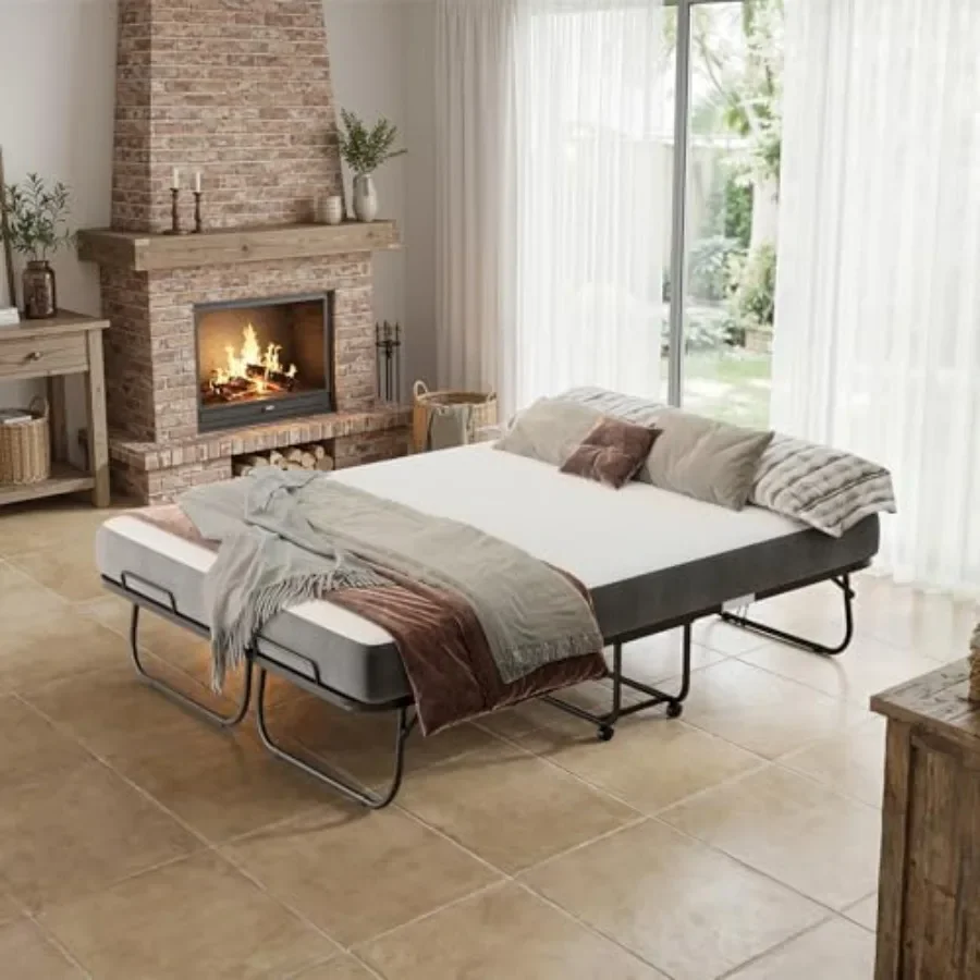 Full Size 75''x54'' Folding Bed with Thick Memory Foam Mattress, Portable Rollaway Guest Bed with 360 Swivel Wheels, Side Pocke