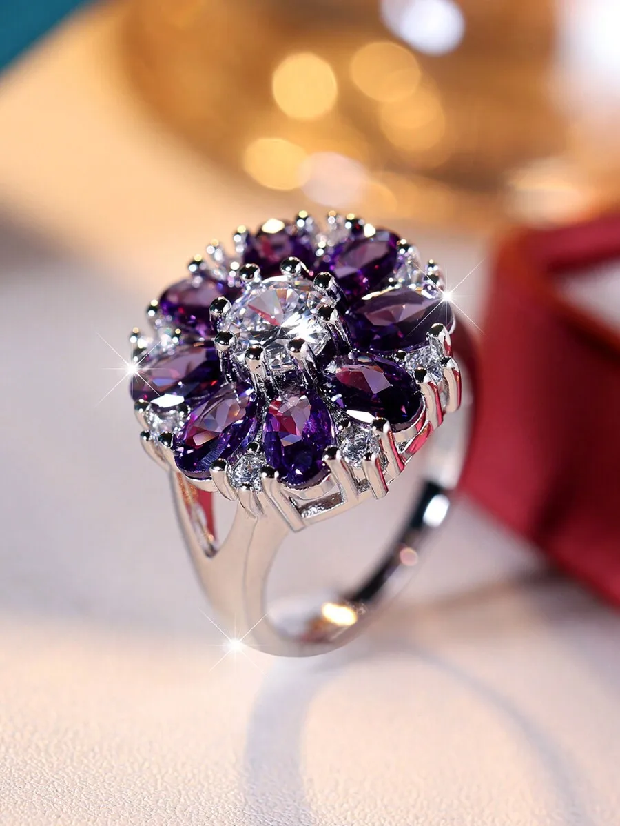 

Floral Design Cubic Zirconia Ring With Purple Petal Accents, Elegant Statement Jewelry For Celebrations And Gifting
