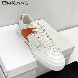 Thick soled casual shoes Women's leather lace-up white shoes Women's round toe casual flat shoes Spliced sports shoes Men