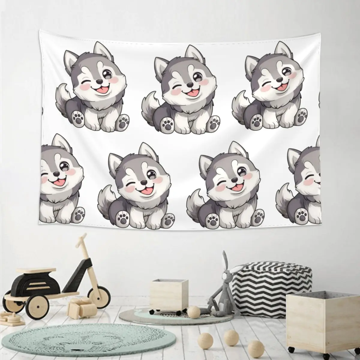 Cute Winking Kawaii Husky Tapestry Funny Wall Hanging Aesthetic Home Decoration Tapestries for Living Room Bedroom Dorm Room