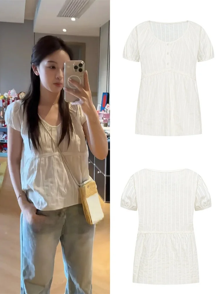 Bubble ample Sve Top femme Vintage poupée irt Dongda Gate Haniquezi français Sle rond Ne ort Sve bouton de couleur Pure