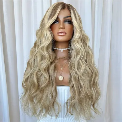사이드 프리 이별 레이스 가발 100% 천연 미리 뽑은 헤어 라인 합성 부드러운 머리카락 13x4 고밀도 두꺼운 허니 블론드 가발