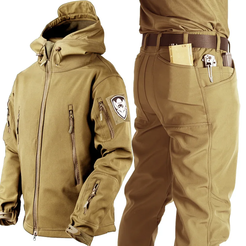 Men Shark Skin Softshell Tactical Suit Fleece Waterproof Windproof Hooded Jacket Pants Hiking Training Outfit M-6XL