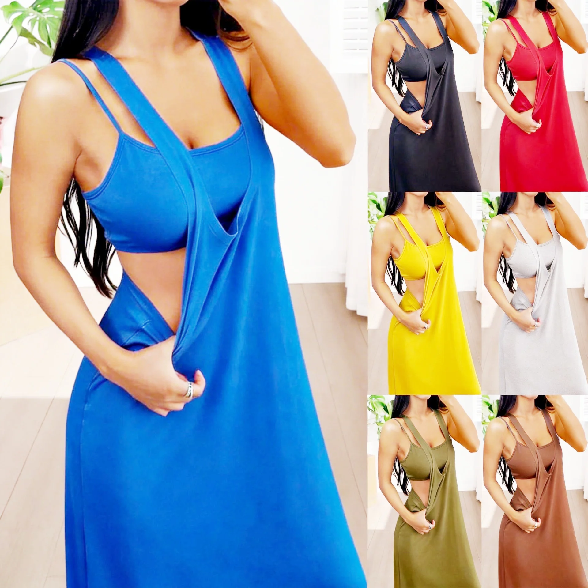 Summer Temperament Personality Two-Piece Set Solid Color Fashionable Niche Dress Strap Bra Vest Tank Sleeveless Maxi Dresses