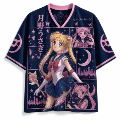 Pretty Girl Warrior Printed Mesh Sports Speed Dry V-neck Anime Moon Wand City Silhouette Moon Rabbit Pattern Sports Shirt
