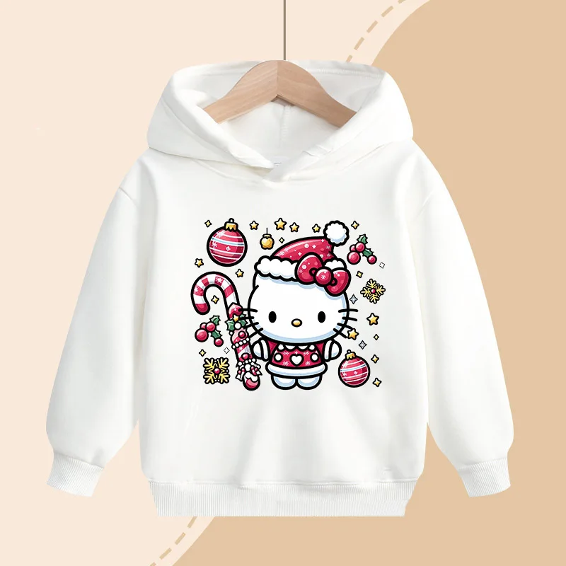 Bluzy z kapturem dla dzieci Sanrio Hello Kitty, z nadrukiem świątecznym, swetry dla dziewczynek, ciepłe i wygodne na zimę, prezenty dla dzieci.