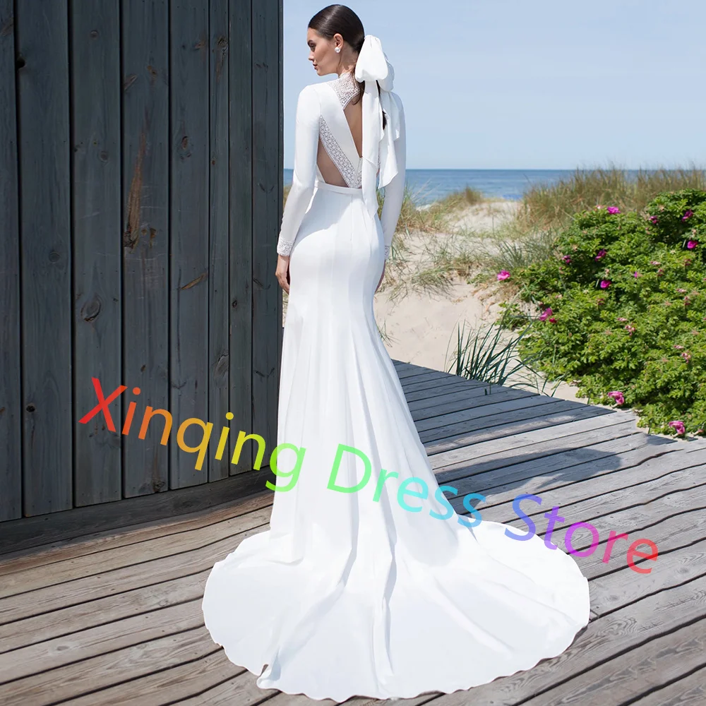 Robe de Mariée Sirène Personnalisée à Manches sulf, Tenue Moderne en Dentelle avec Traîne pour Patients, Jersey de Haute Qualité, Fermeture Éclair au Dos