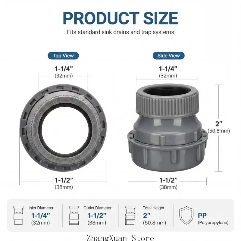 4er-Pack Spülbecken-Abflussadapter-Set mit Gewinde, 1-1/4 Zoll auf 1-1/2 Zoll Gleitgelenk-Adapter aus Polypropylen für – Detail 6