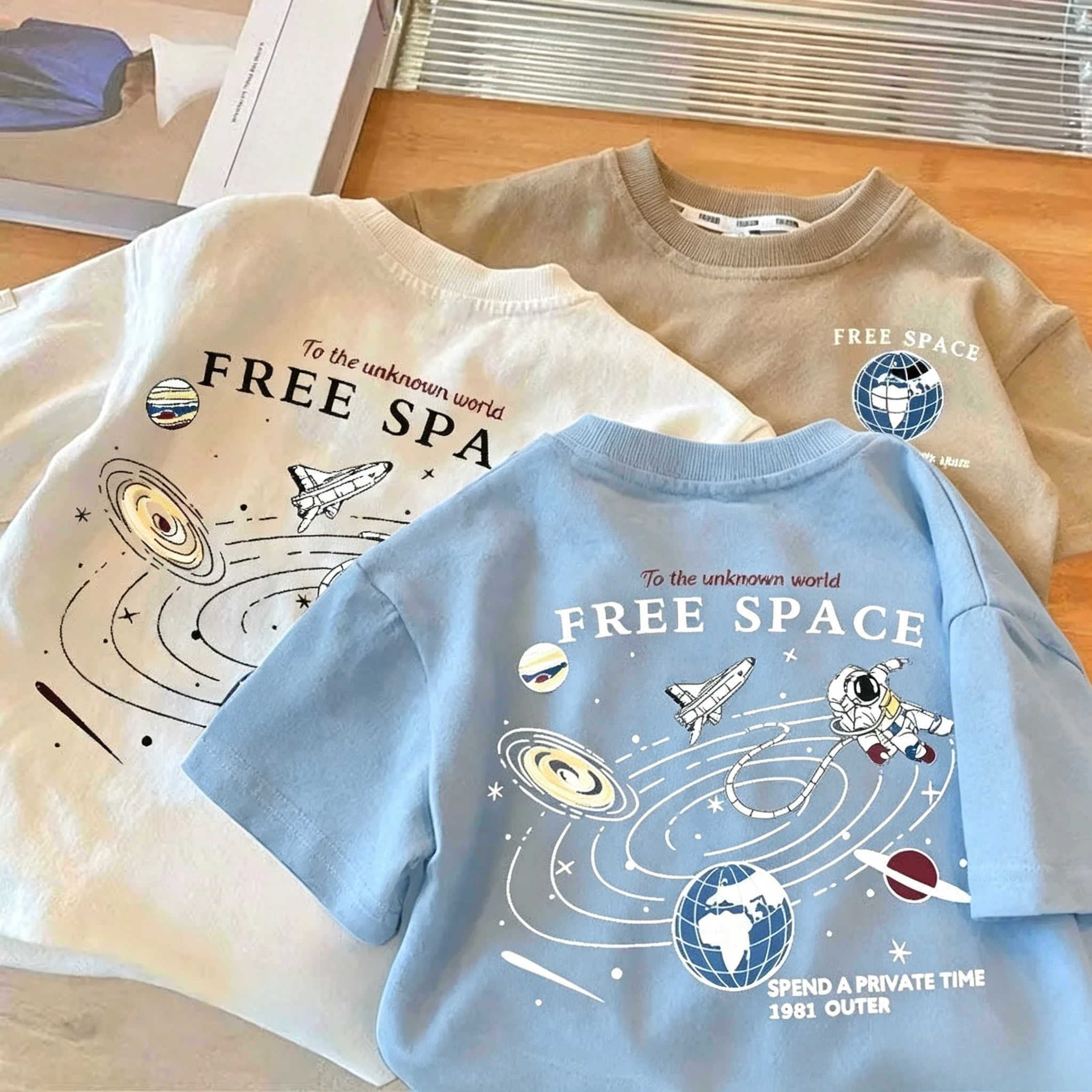 Best-Selling Children's Cotton T-Shirt With Cute Space Pattern Print, Stylish and Breathable Short-Sleeved Top