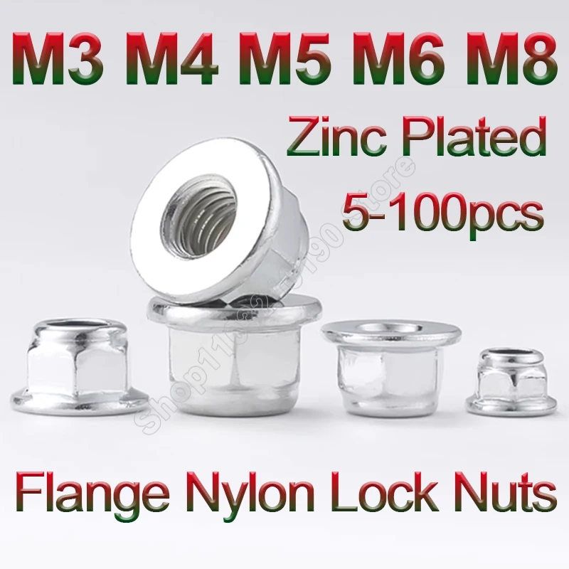 

1-100pcs M3 M4 M5 M6 M8 Zinc Plated Carbon Steel Hex Flange Nylon Insert Lock Nut Hexagon Self-locking Nylock Locknut DIN6926