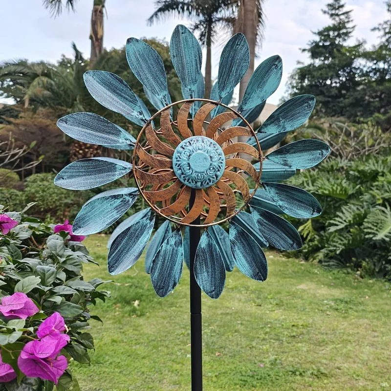 Cross-border metal ornament courtyard garden decoration glass solar light outdoor wrought iron blue leaf windmill floor