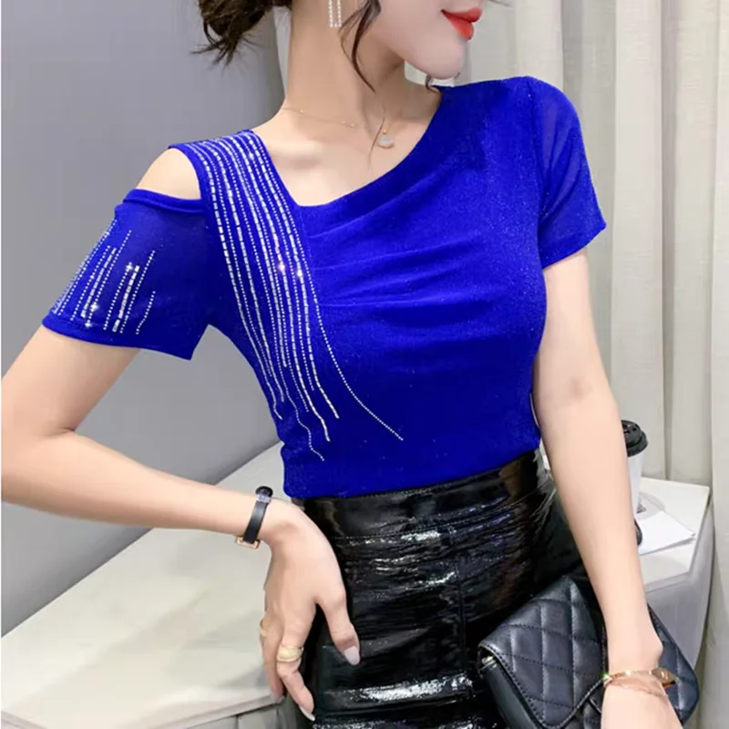 New European Clothes T-Shirt For Women Chic Sexy Skew Collar Shiny Diamonds Tops Classic Summer Female Short Sleeve Slim Tees