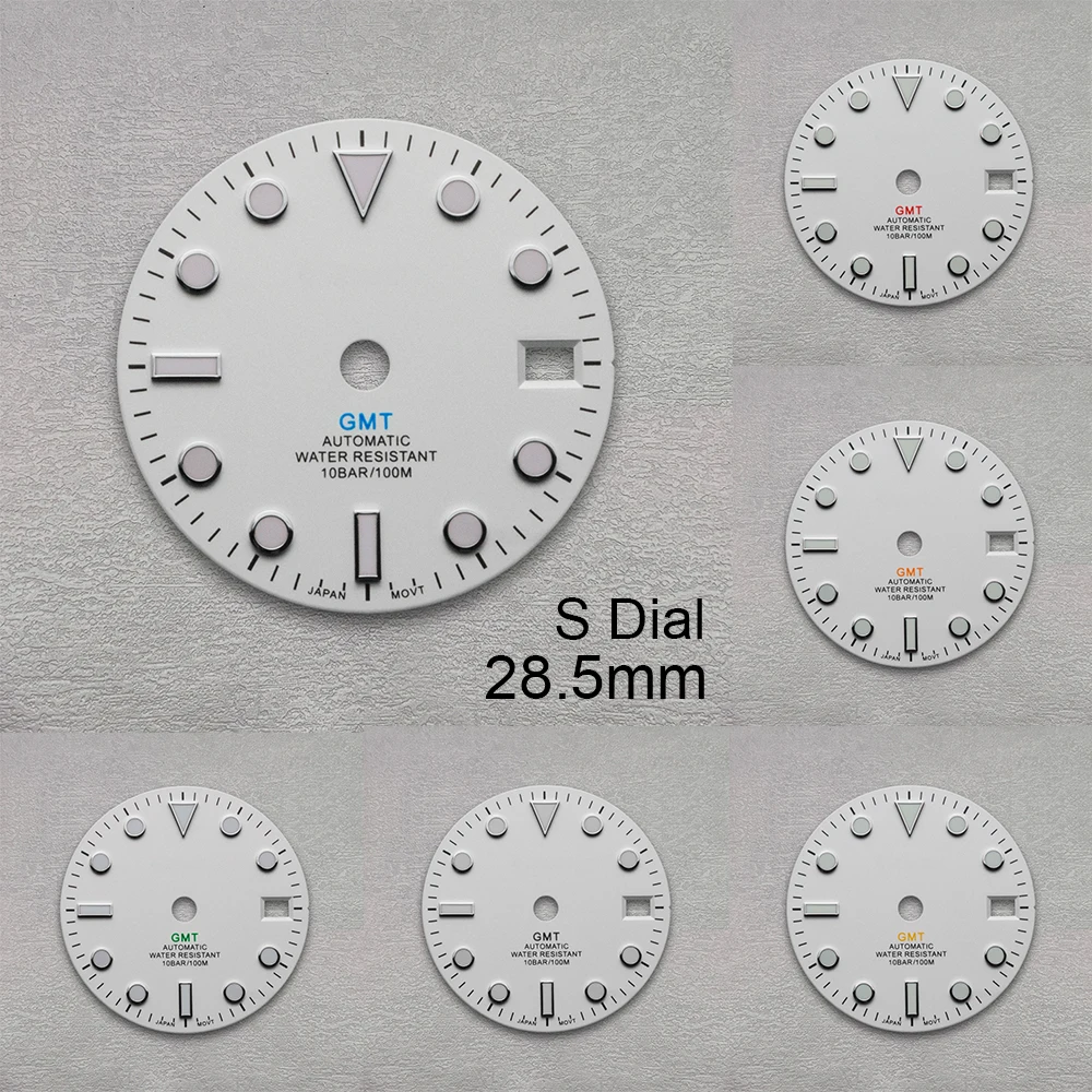 

28.5mm S Logo GMT Dial Fit NH34 Movement Green Luminous White Matte Dial High Quality Watch Modification Accessories