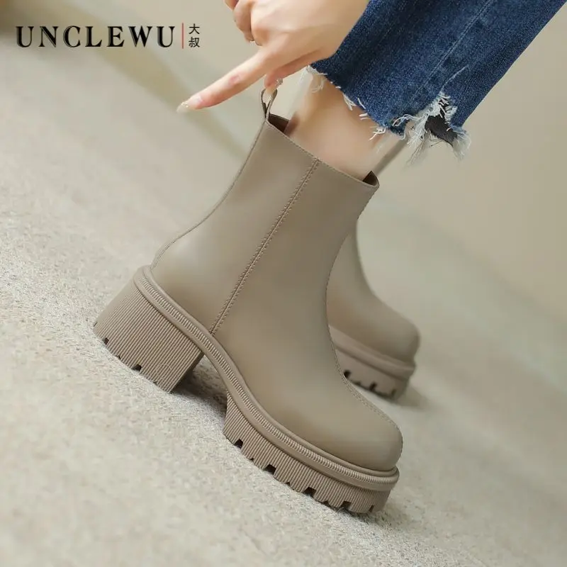 

Fashion Genuine Leather Motorcycle Boots Thick Soled Mid-calf Boots for Women English Style Thick Bottom Tall Short Boots Zipper