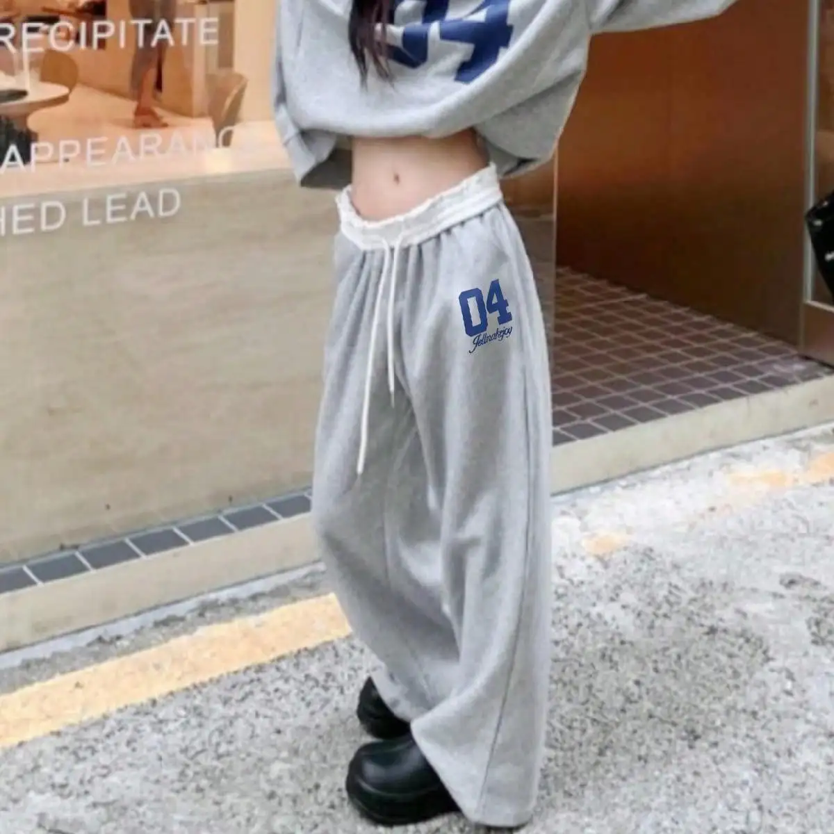 

Korean Gray Casual Pants for Small Women, Tall, Lazy, Relaxed, Retro, Sporty, Printed