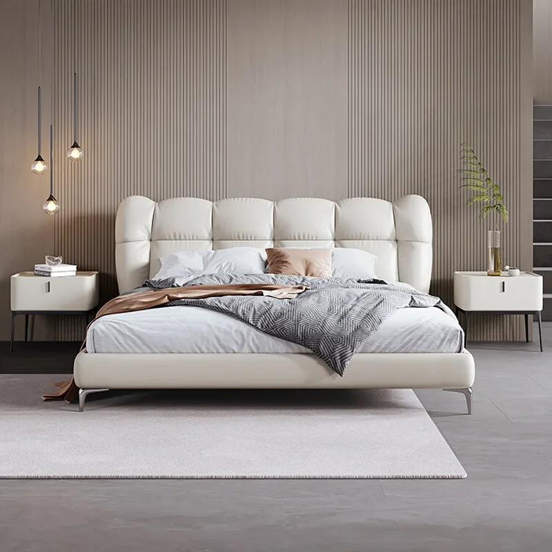 Italian minimalist leather bed modern doubl master bedroom 1.8 meters first layer cowhide bed soft bag wedding designer