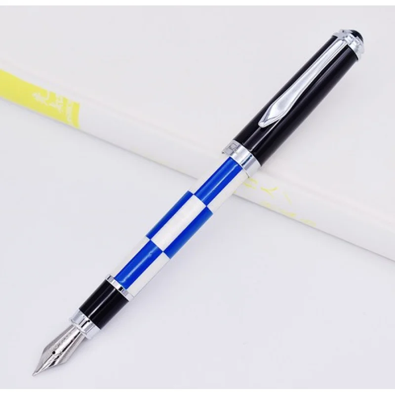 A+ Fuliwen Celluloid Fountain Pen Medium Nib, Fashion Blue  White Squares Pen