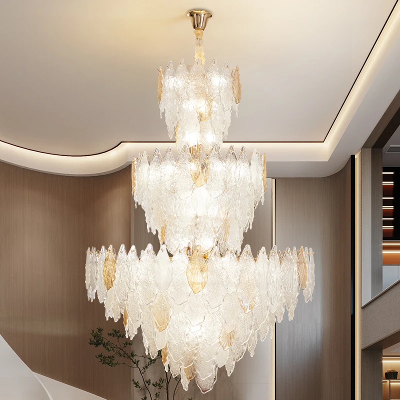 Villa Chandeliers Duplex Ceiling Living Room Lamps Creative Leaves Ginkgo Leaves Crystal Glass High-end Wholesale Pendant Lamps
