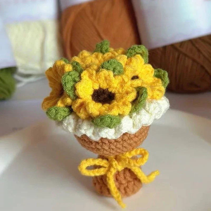 Finished Crochet Yarn Bouquet Mini Handheld Flower Diy Knitted Rose Sunflower Pendant Keychain Accessories Doll Accessories