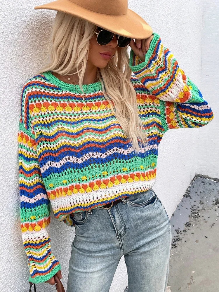 Women Elegant Loose Long Sleeve Tops Korean Fashion Lady Clothing Spring Autumn Women's Knit Pullover Sweet Rainbow Bar Sweater