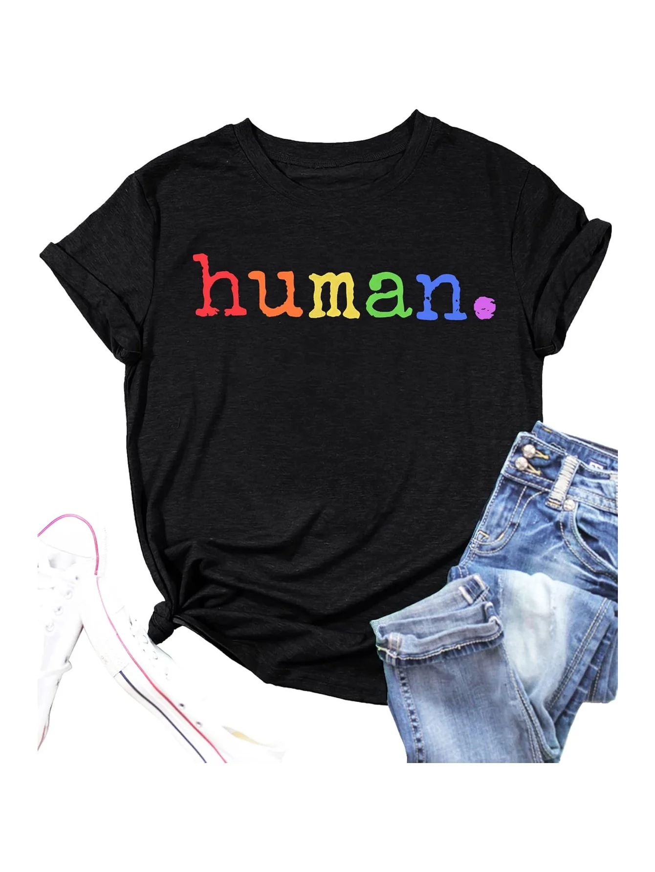 Pride Shirts for Women Human LGBT T-Shirt Rainbow Graphic Tee Shirt LGBTQ Equality Blouse Tops 100% Cotton Round Neck T-shirt Ha