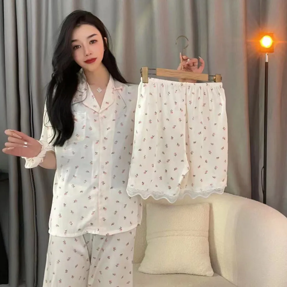 

Lisacmvpnel Summer New Print Fashion 3 Pcs Suit Top+Shorts+Long Pant Women Pajamas Lace Sweet Pyjamas