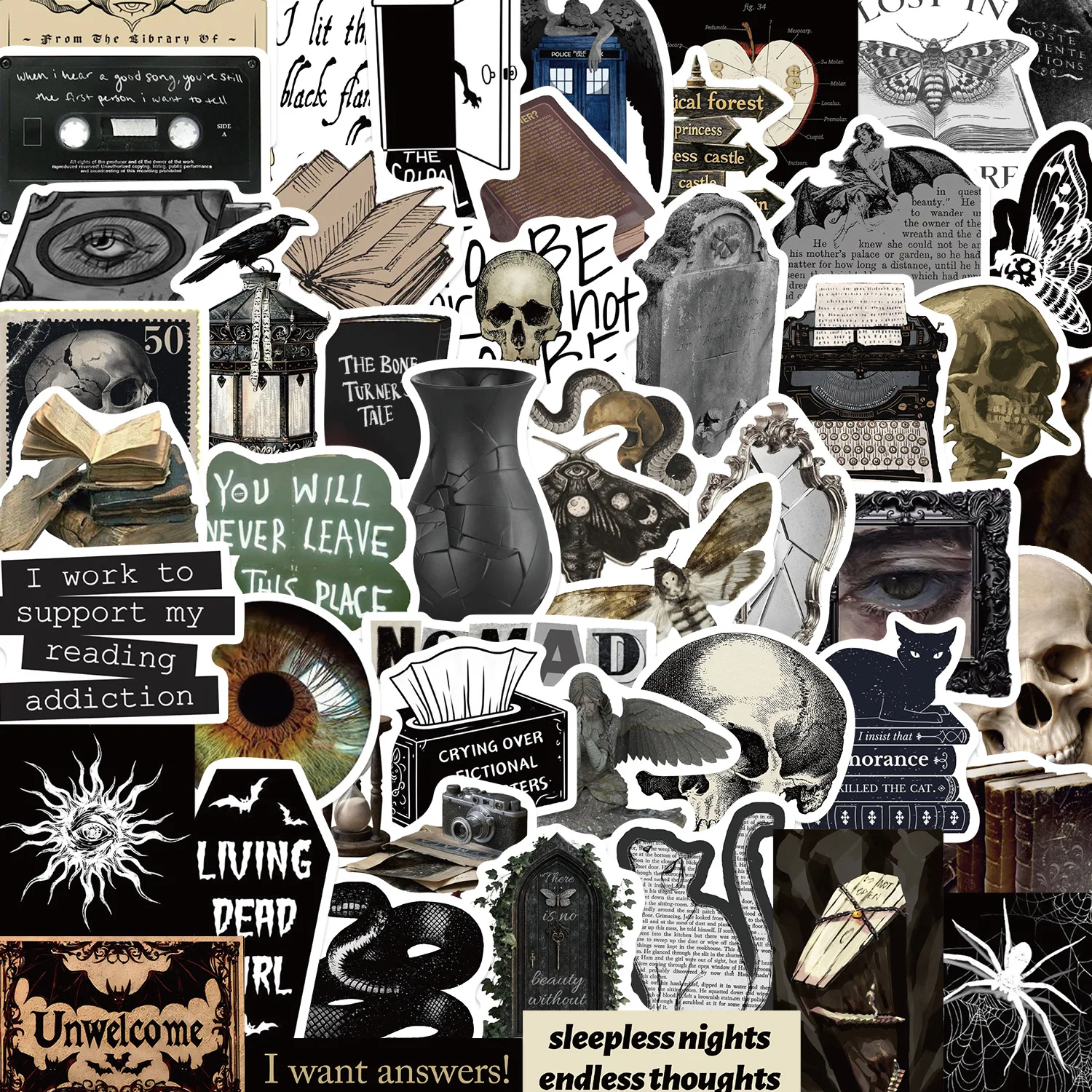 50 PCS Cartoon Dark Gothic Style Academic Style Mix Match Graffiti Stickers Decorate Luggage Helmet Skateboard Removable Decals