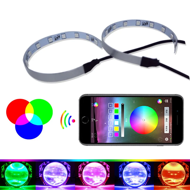 New car LED lens devil eye, mobile APP control colorful RGB headlights devil eye angel eye