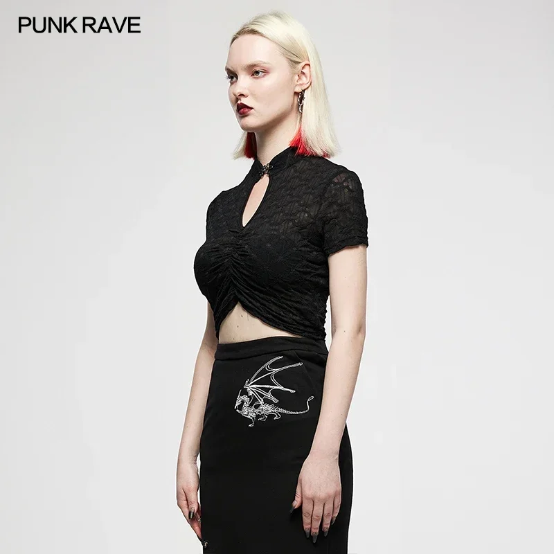 PUNK RAVE Women's Dark Chinese Style Asymmetrical Cheongsam Collar Minimalist Halterneck Vest Slim Sexy Tops Woman Clothes