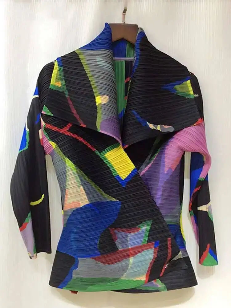 Pleated Color Block Jacket Coat Women's 2026 Autumn Lapel Long Sleeve Single Button Loose Female Fashion Top 17DN6DR