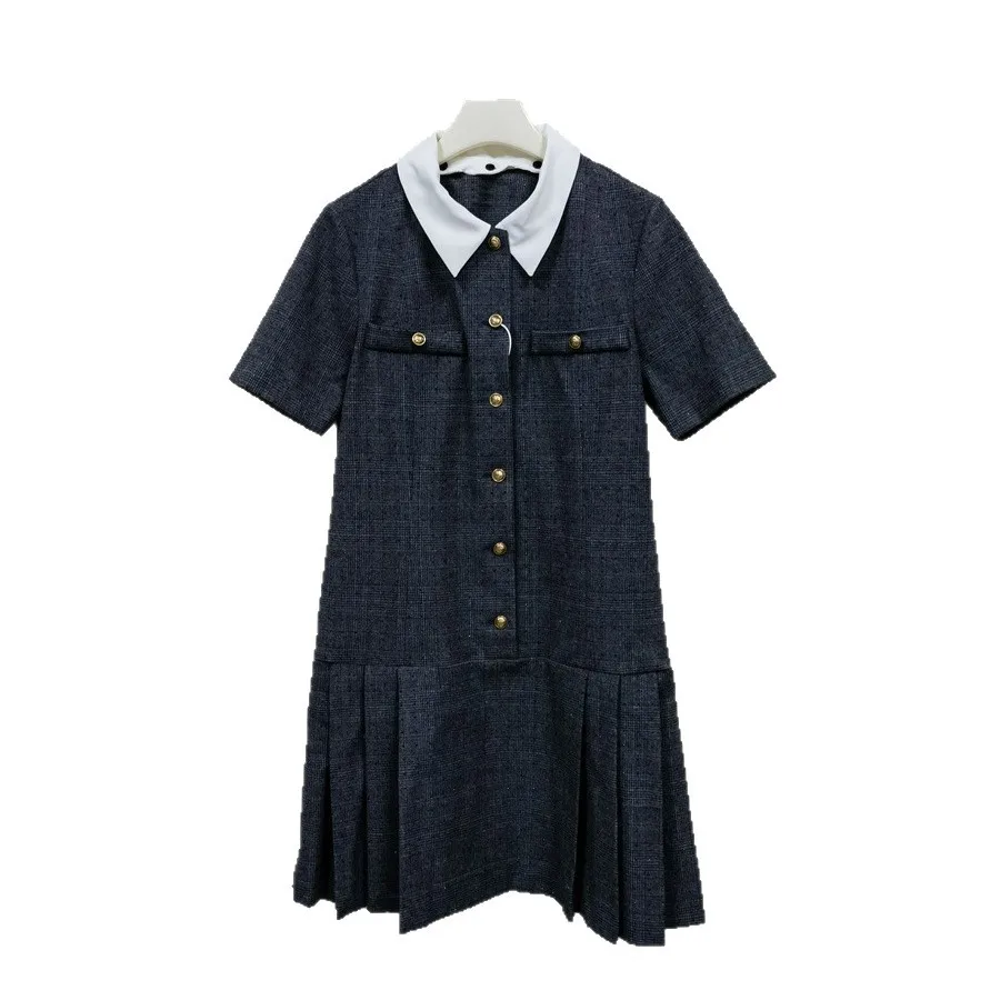 【هدية مجانية】2025 أوائل الخريف الفرنسية المتخصصة الشبابية الرجعية منقوشة التباين طوق مطوي فستان قصير الأكمام للنساء #5