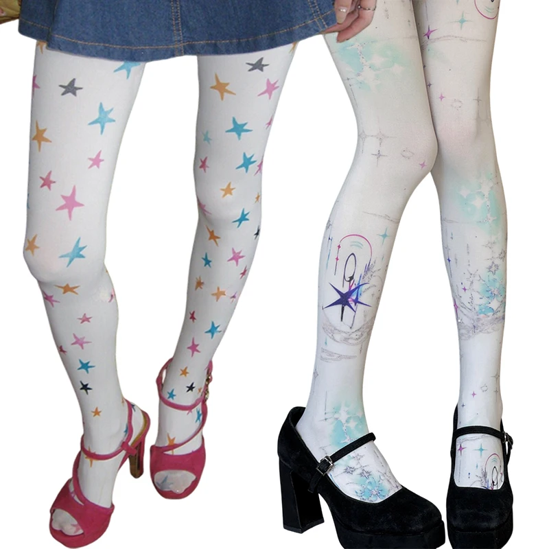 Y2K Subculture Lolita Style Printed Pantyhose Japanese Sweet Cool Hot Girl White Leggings for Women Stars Printed