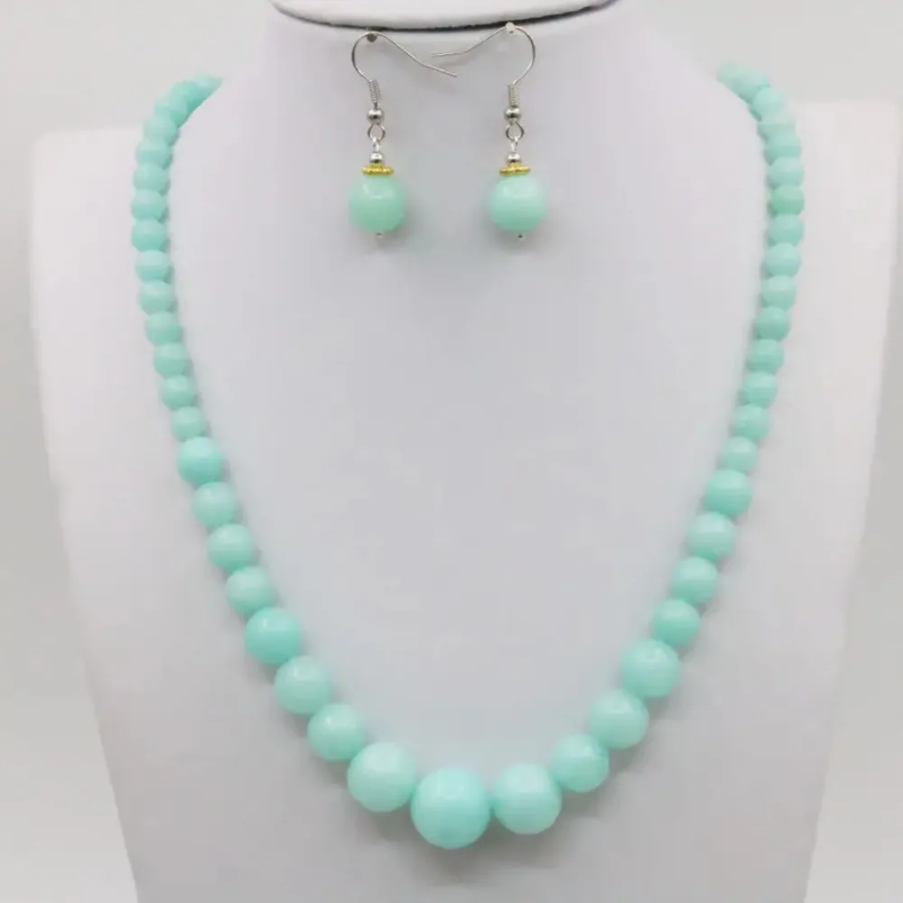 Blue Amazonite Lucky Stone Tower Necklace Chain Earring Sets Round Beads Fashion Jewelry Party Gifts Accessories 15inch 6-14mm