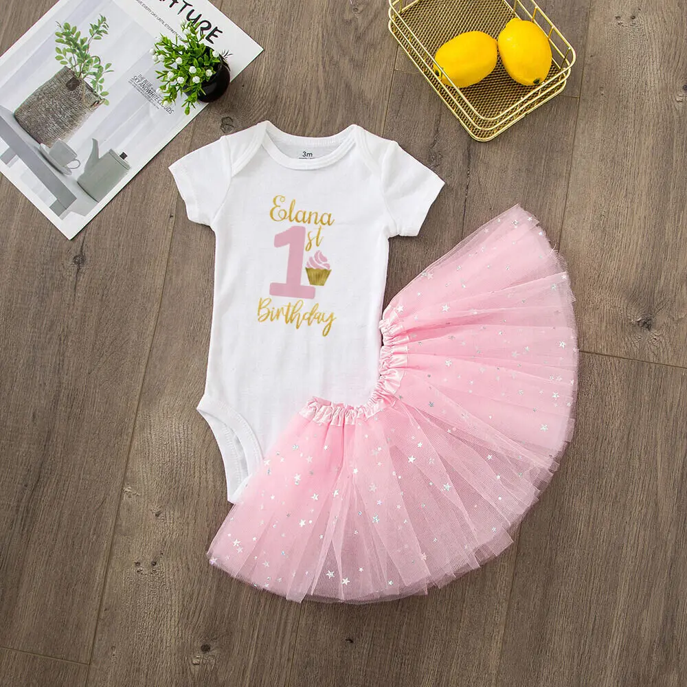 Personalised 1st Birthday Girl\'s Outfit Baby Girl\'s 1st Birthday Romper + Tutu Skirt Custom Name Baby Tutu Dress Set