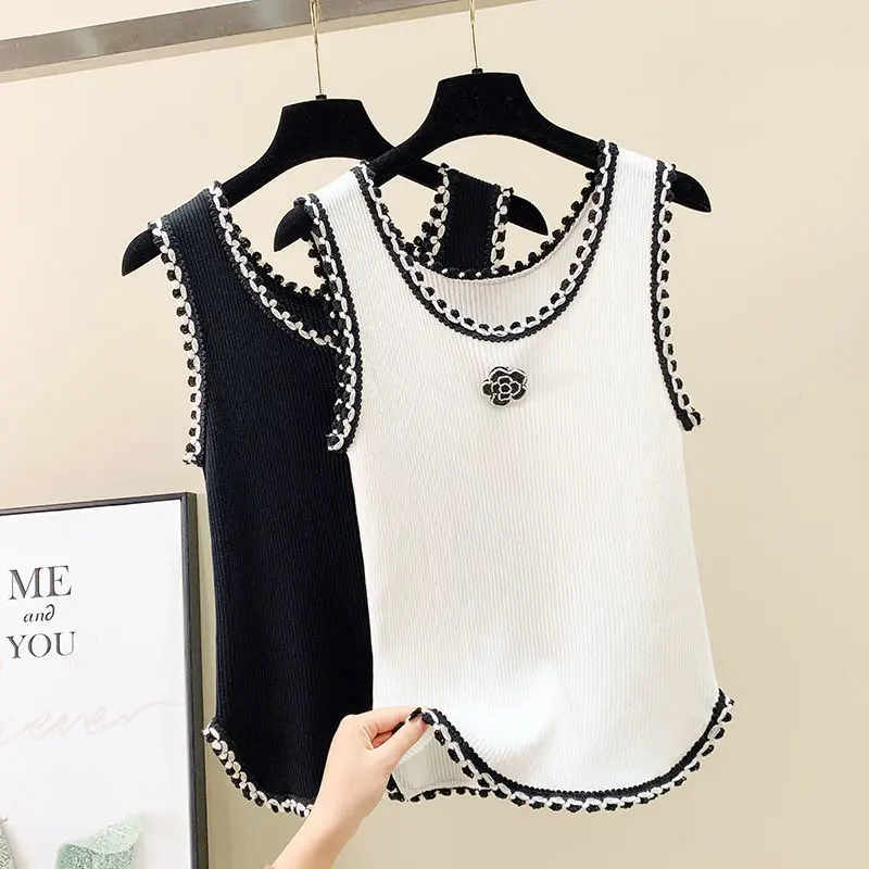 

Fashionable Chic Summer New Vest Women's Spliced Round Neck Printed Embroidery Loose All-match Sleeveless Camisole T-shirts Tops