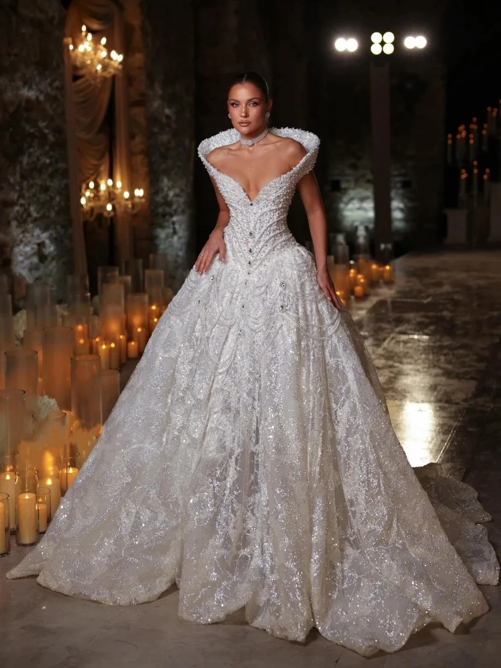 

Gorgeous Pearls Wedding Dresses Sequins A Line Bridal Gowns Off Shoulder Princess Crystal Customized Vestidos De Novia