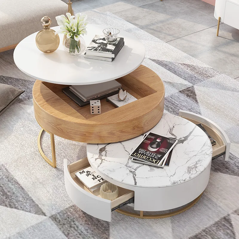 

LTT light luxury lift coffee table TV cabinet combination Nordic modern simple rock slab round tea table