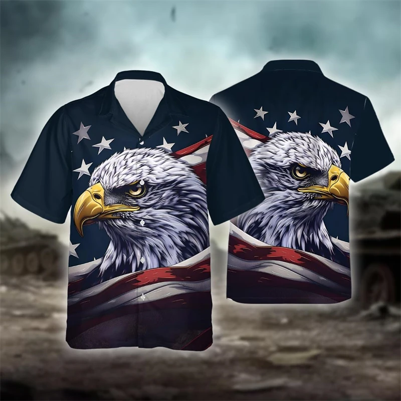 America Eagle Graphic Shirts For Men Clothes USA Veteran Beach Shirt Casual US Flag Short Sleeve Jesus Blouses Male Button Tops