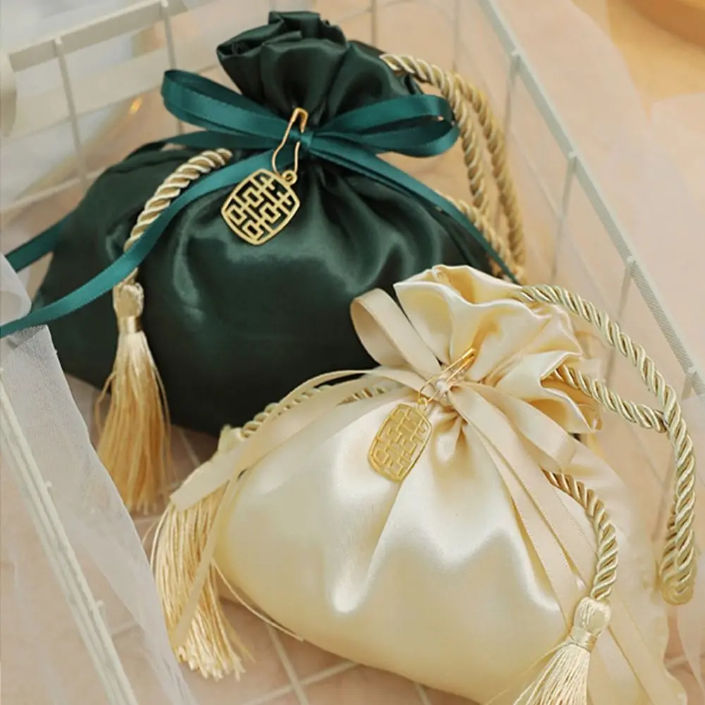 Chinese Style Drawstring Bag High Quality Satin Fabric Wedding Birthday Gift Packing Tassel Bag Jewelry Bag