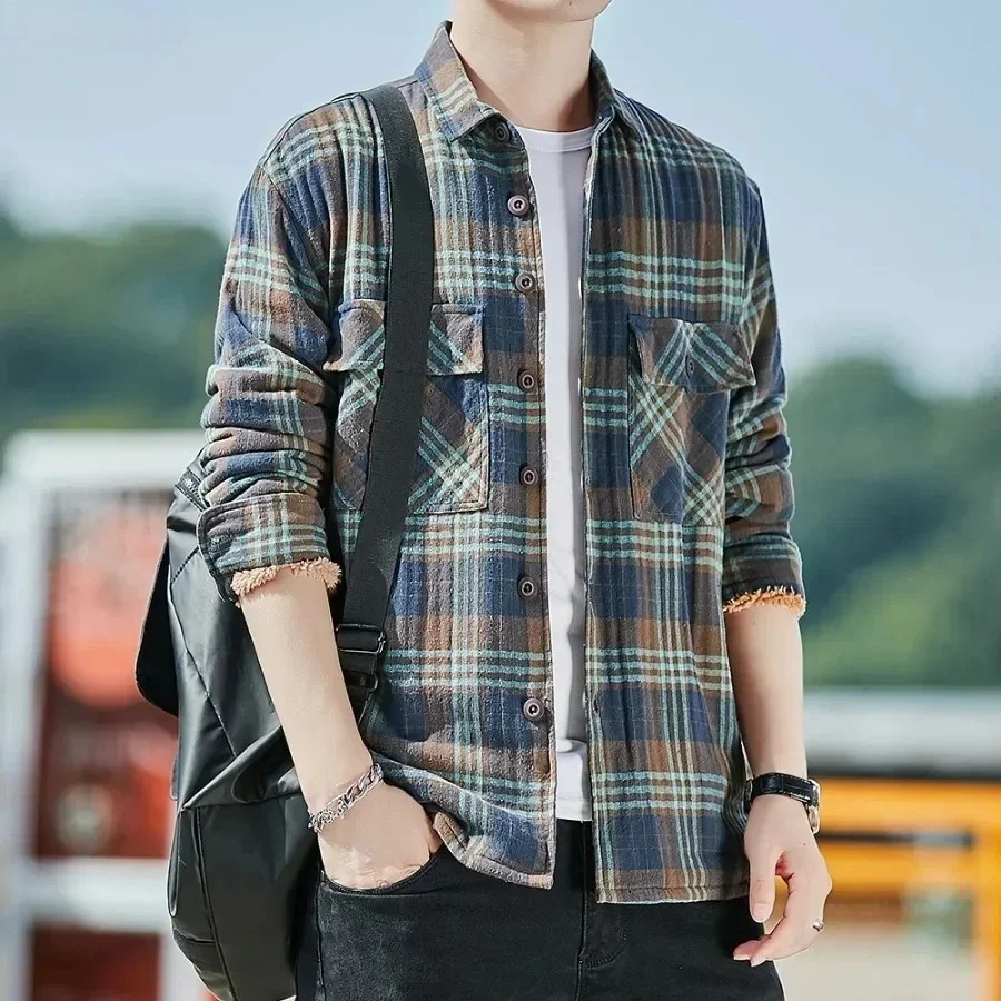 Men's Thicked Long Sleeve Shirts Autumn Winter Classic Plaid Lamb Fleece Lining Warm Casual Shirt High Quality Men Clothing