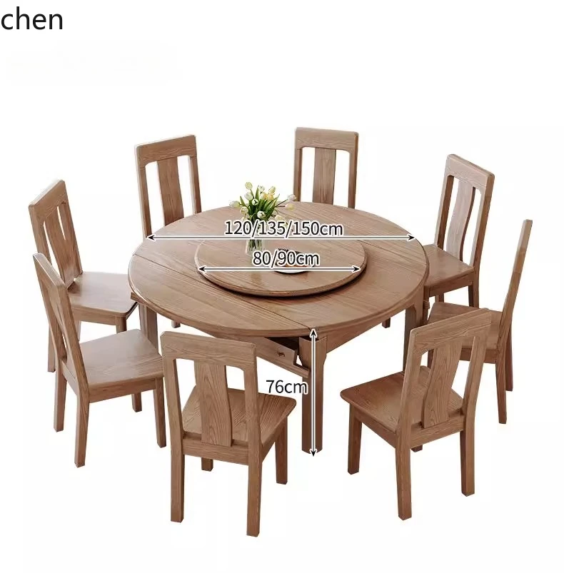 Mesa de comedor y silla de madera maciza de fresno HT, combinación de mesa de comedor para el hogar con plato giratorio