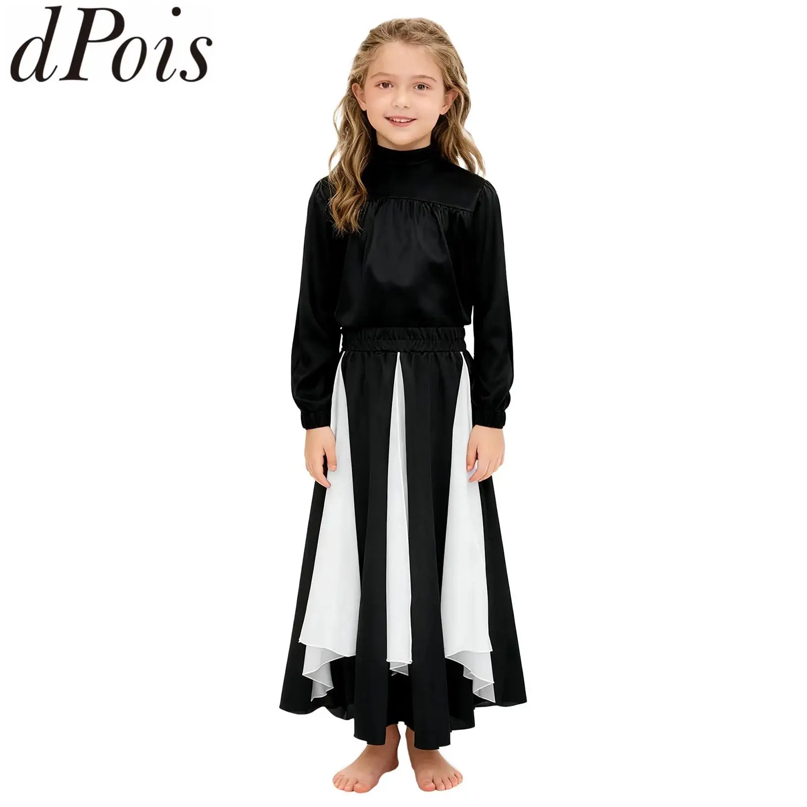 meninas-coro-igreja-moderna-danca-outfit-adoracao-crista-liturgica-louvor-danca-manga-longa-superior-bainha-larga-saia-desempenho