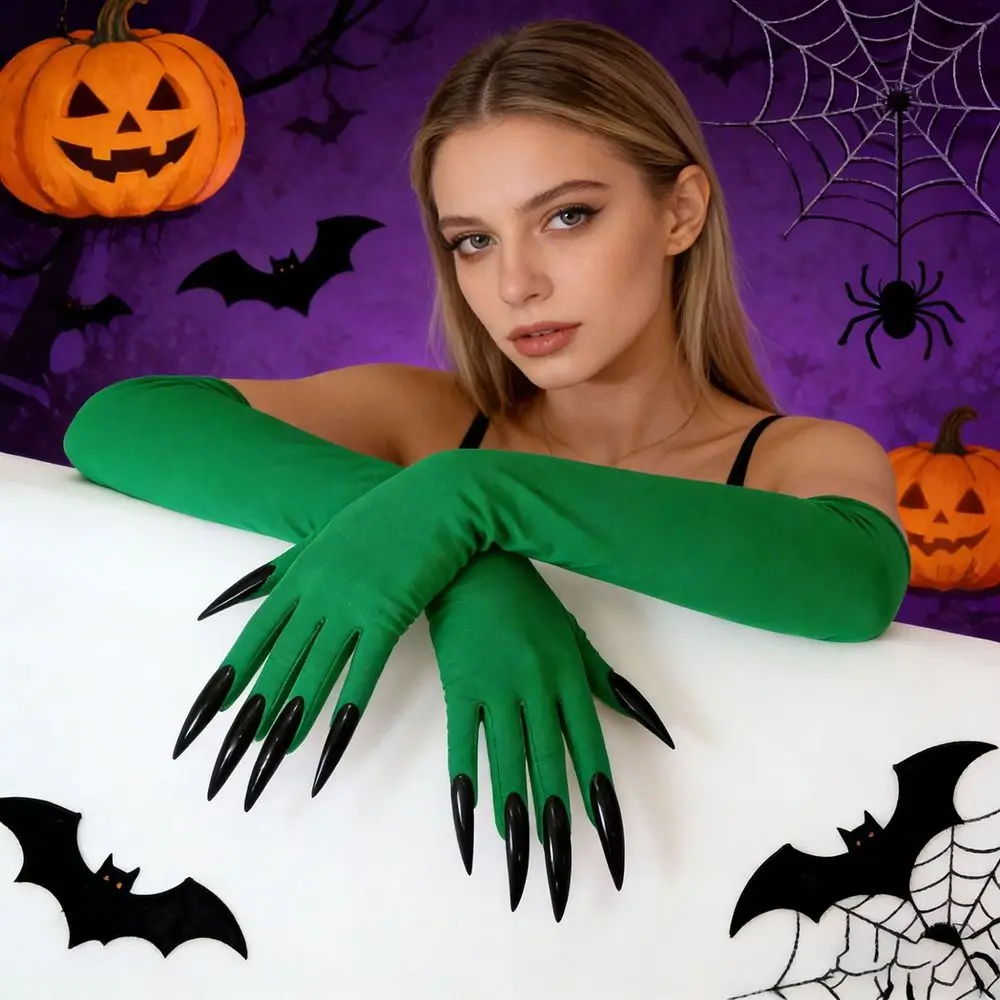 1pair 3D Nails Ghost Claw Gloves Elbow Length Stretch Fabric Long Nail Gloves Solid Gothic Style Halloween Claw Gloves